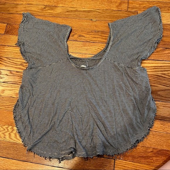 We The Free Brown Striped Slit Sleeve Split Sides Short Sleeve Top XS - Picture 9 of 10